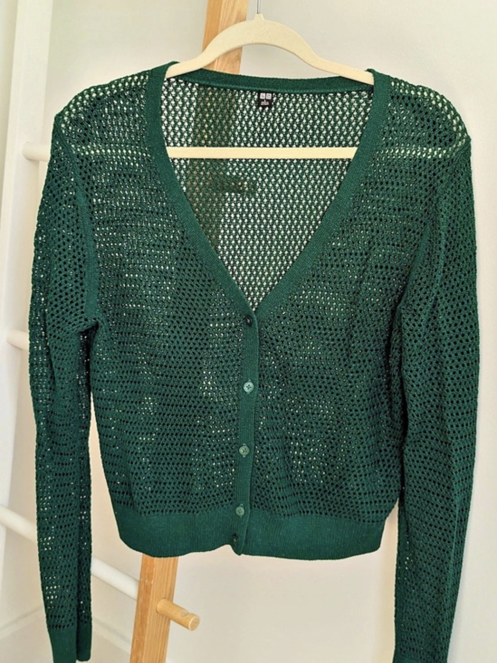 UNIQLO Mesh Long-Sleeve Short Cardigan in Green, Size Large
